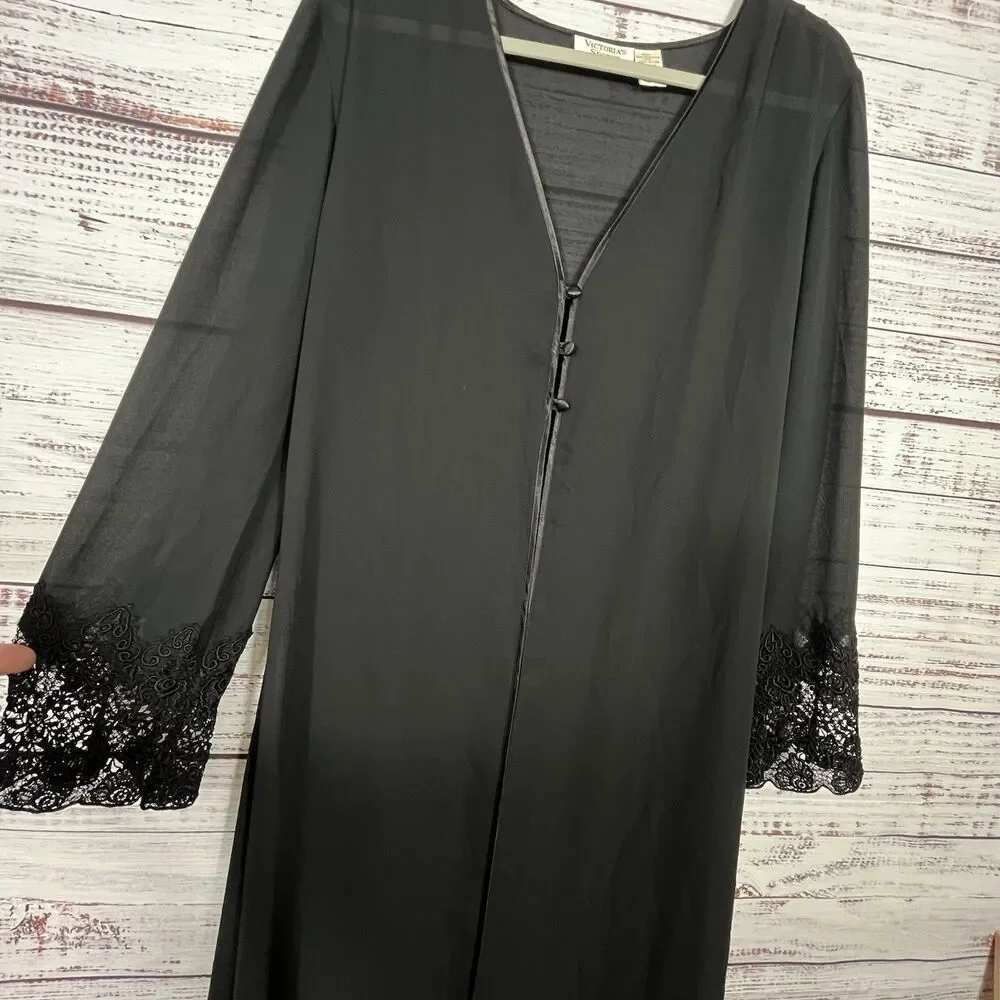 Vtg Victoria’s Secret Gold Label Robe M/L Black Long Lace Sheer Whimsy Goth